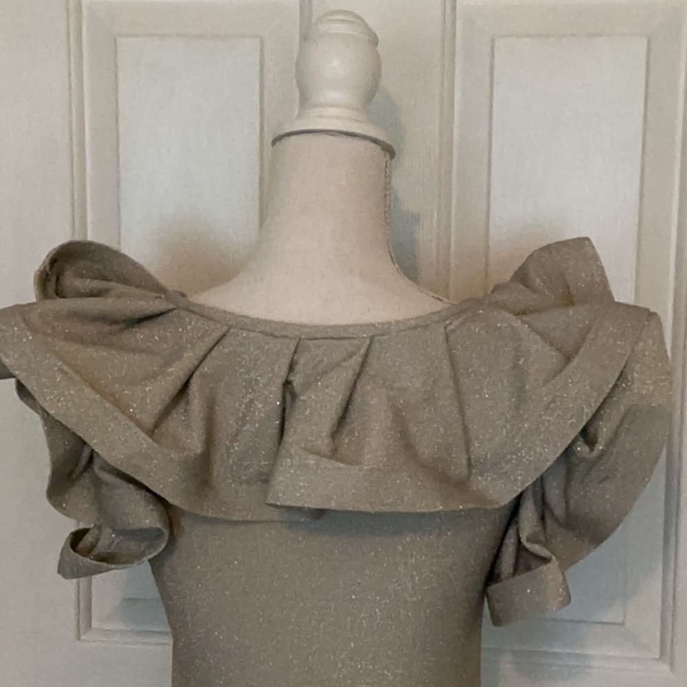 NWOT Gracia Silver Metallic Ruffled Shoulder Top - Picture 6 of 10